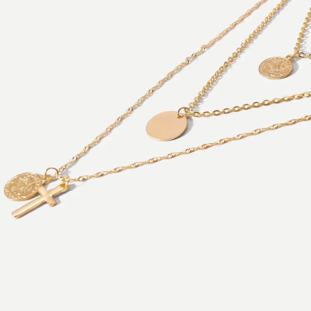 ‫Coin & Cross Layered Pendant Necklace - Picture 3 of 3